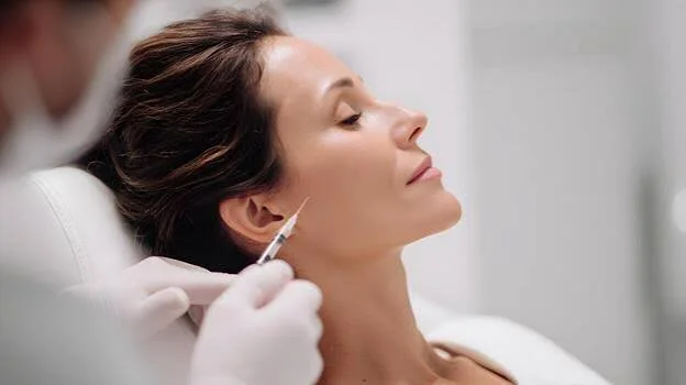 Aplicación de un bioestimulador de colágeno en el rostro, en consultorio