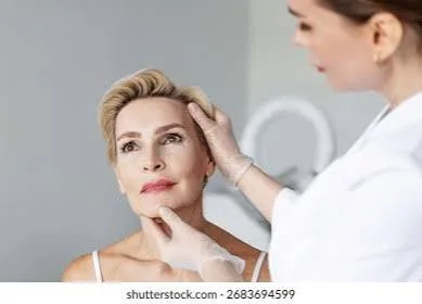 Evaluación de la piel del rostro durante la consulta médica previa a una sesión de luz pulsada