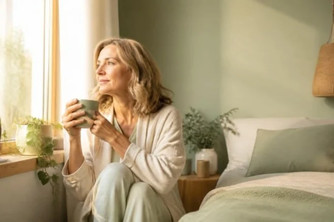 Mujer de unos 50 años tomando un té junto a la ventana, serena y descansada