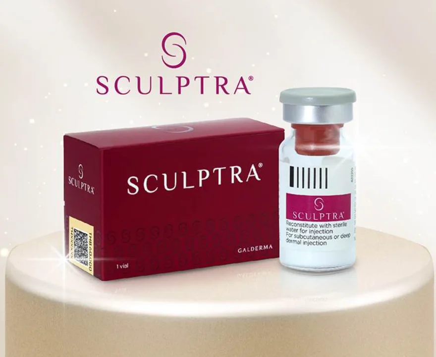 Sculptra de Galderma: caja y vial del bioestimulador de ácido poli-L-láctico